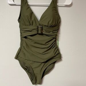 DKNY Olive Green Kids One-Piece Swimsuit with Decorative Buckle